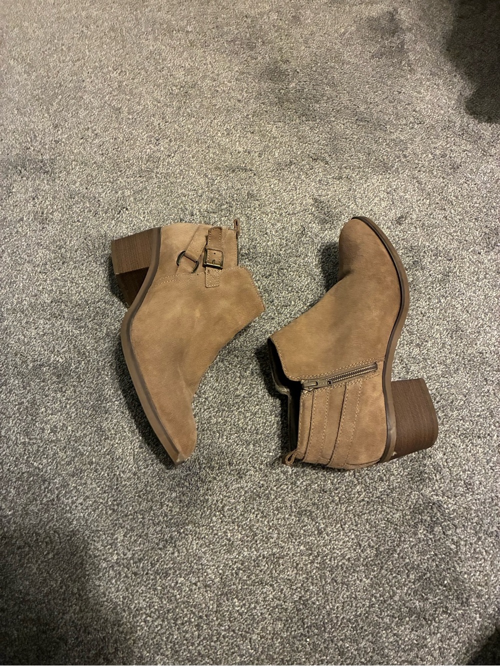 Sonoma Tan Suede Ankle Booties with Low Block Heel and Buckle